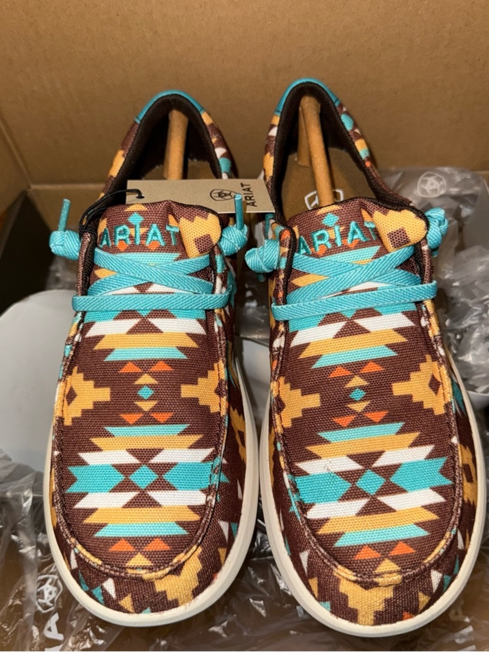 Ariat Aztec-Pattern Slip-On Shoes in Turquoise, Brown & Yellow 6.5